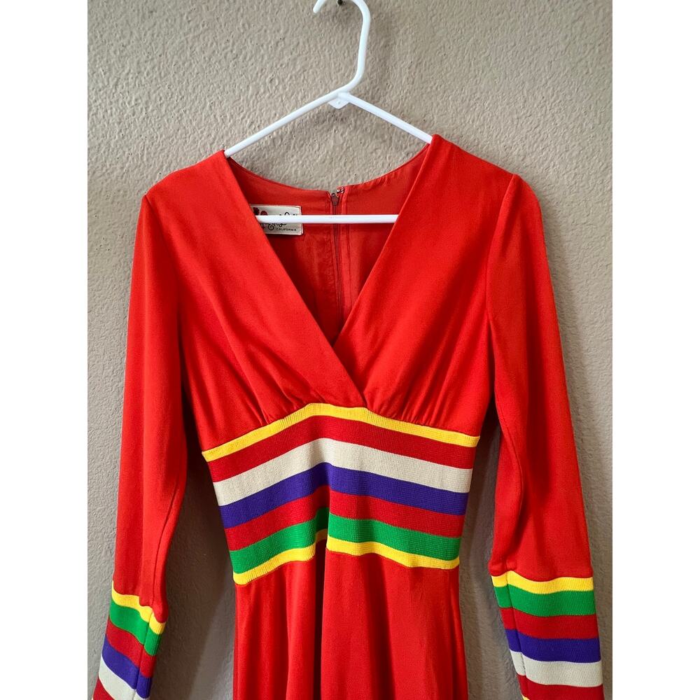Vintage 1960s Eve Le Coq long orange rainbow disco dress size M - Picture 5 of 6